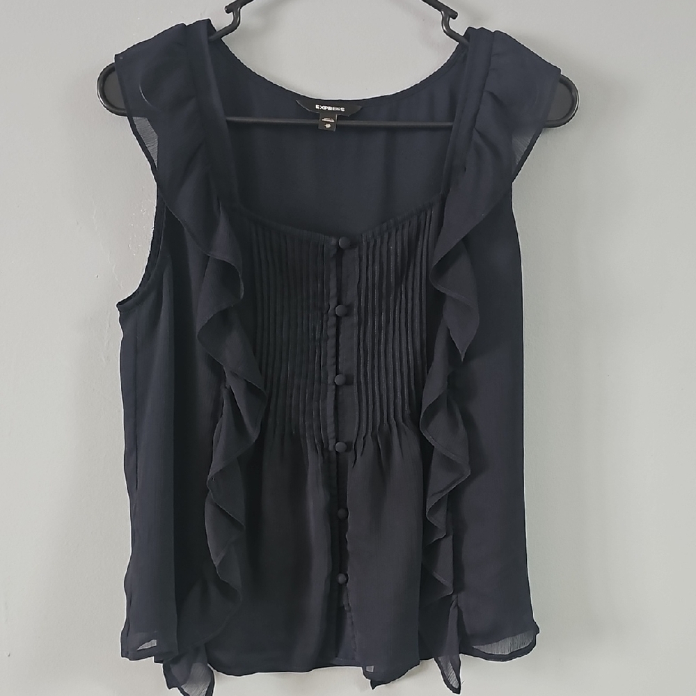 Express Black Ruffled Button-Down Blouse - image 1